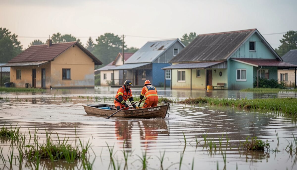 Rettungskräfte steuern ein kleines Boot durch überflutete Felder