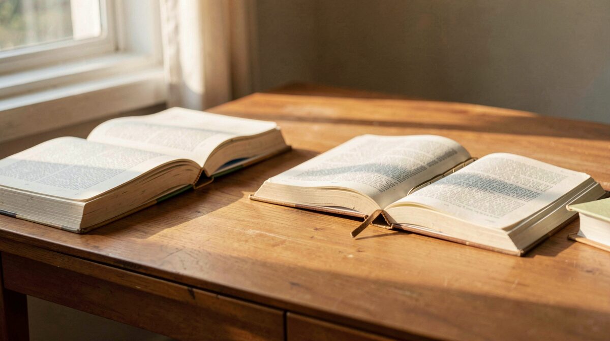 Ein aufgeräumter Schreibtisch mit aufgeschlagenen Sachbüchern und einem Notizbuch, warmes Tageslicht von der Seite, Nahaufnahme