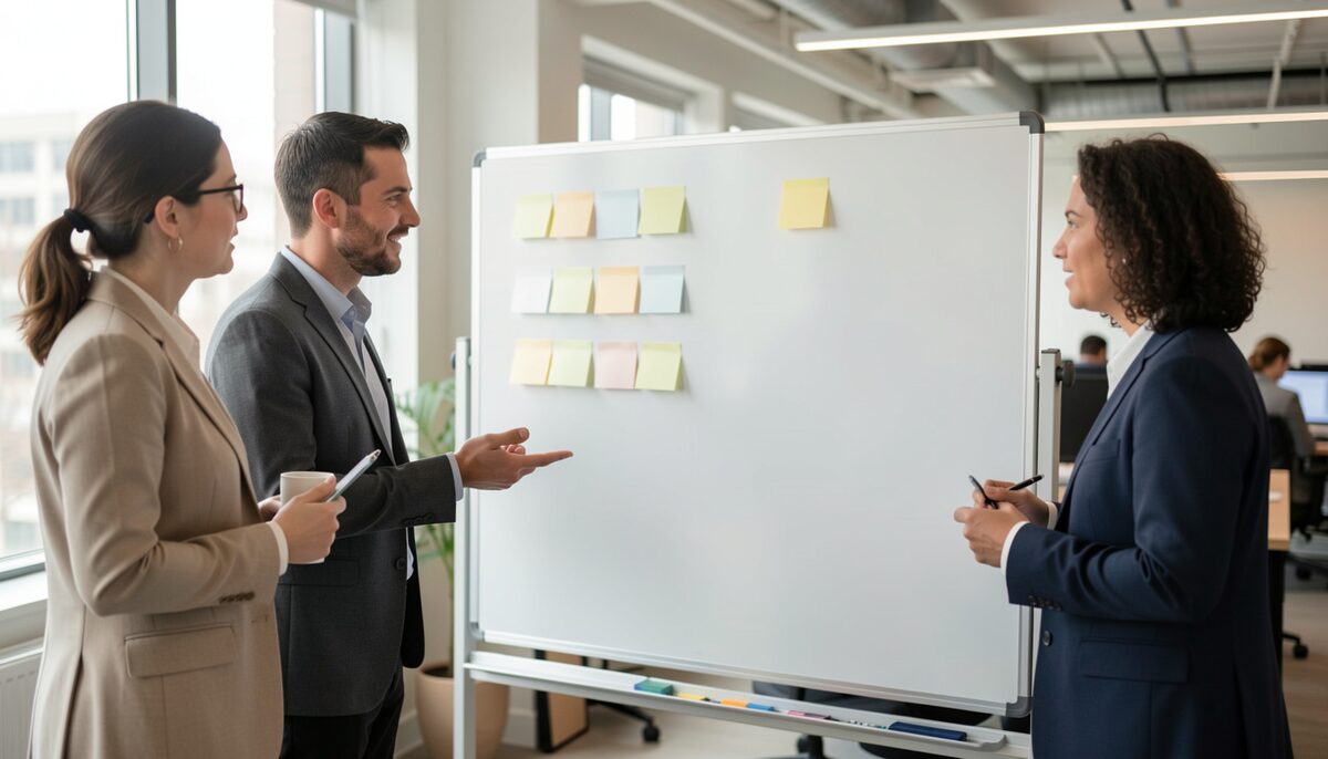 Policy researchers in discussion around a blank whiteboard with empty sticky notes in a modern office.